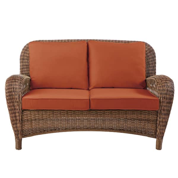 Hampton Bay Beacon Park Brown Wicker Outdoor Patio Loveseat with CushionGuard Quarry Red Cushions