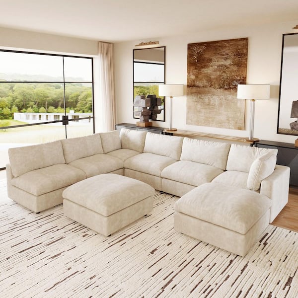 Minimalist 134 in. Square Arm 8-Piece Chenille U-Shaped Modular Sectional Sofa Cloud Couch with Removable Cover in Beige