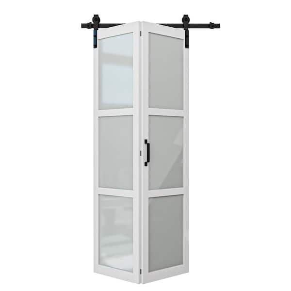 ARK DESIGN 40 in. x 84 in. 3 Lite Tempered Frosted Glass White finished Composite MDF Bi-Fold Sliding Barn Door with Hardware Kit