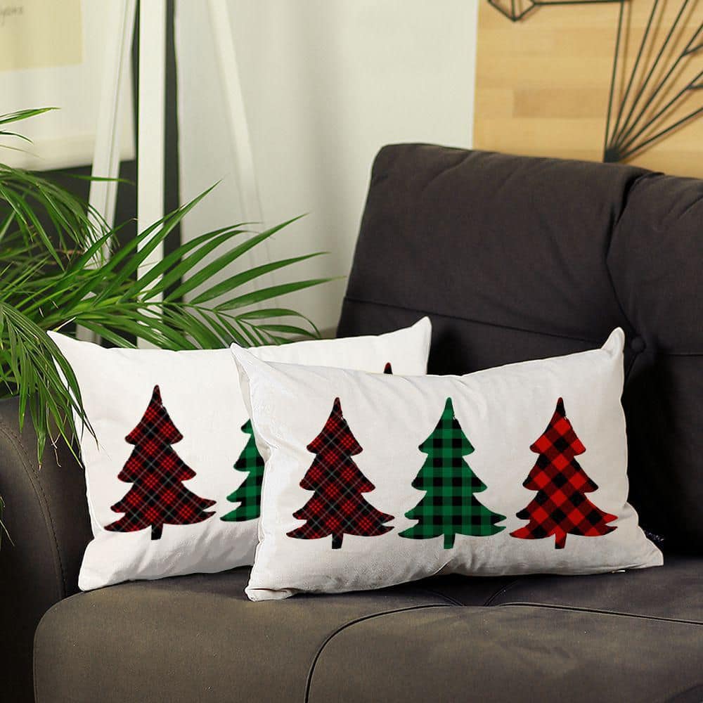 Festive White and Red Polyester Christmas Tree Pillow Covers, Set of 2