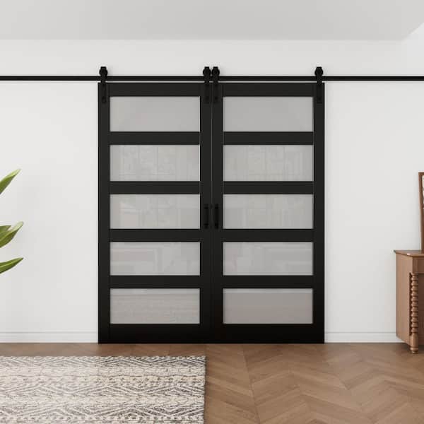 72 in. x 84 in. Waterproof 5-Lite Tempered Frosted Glass Black Finished MDF Sliding Barn Door with Hardware Kit