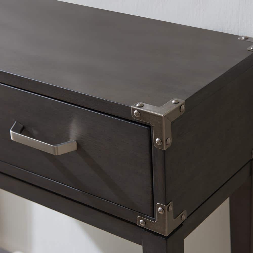 Tiny Gray Wood and Pewter Hallway Table with Storage
