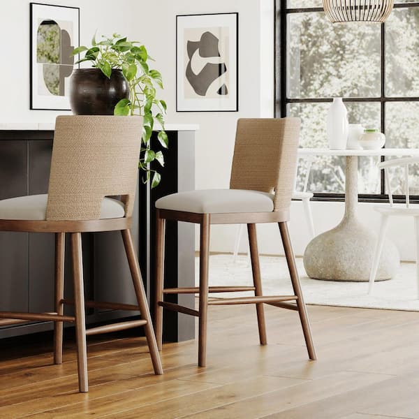 Webster Medium Brown Solid Wood Round Back with Upholstered Bar Stool and Seagrass Backrest (Set of 2)
