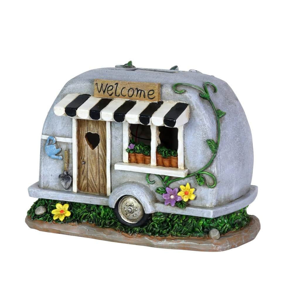 Exhart Solar Hand Painted Camping Trailer with Welcome Sign, 5 in. x 6 in. Garden Statue