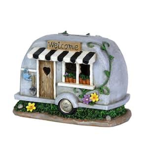Solar Hand Painted Camping Trailer with Welcome Sign, 5 in. x 6 in. Garden Statue