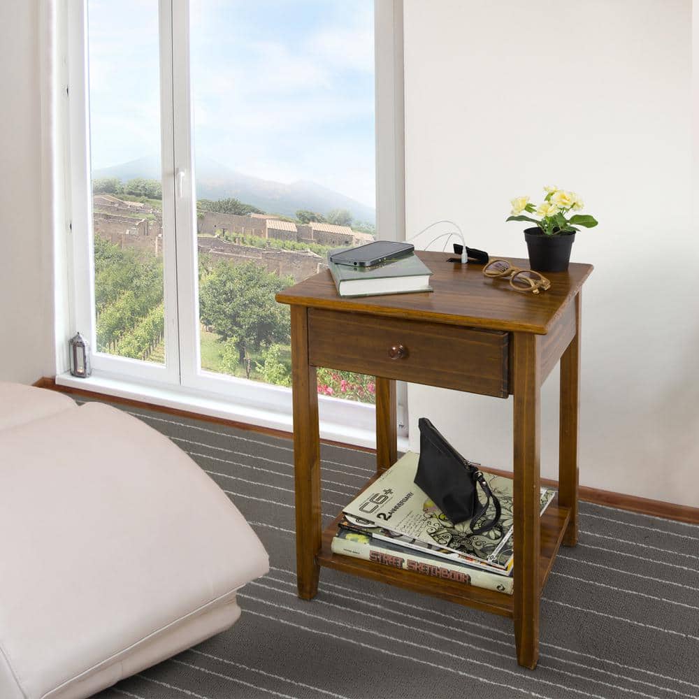 Warm Brown Solid Wood Nightstand with USB Charging Station