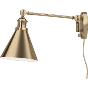 1-Light Antique Gold Plug-In Swing Arm Wall Lamp with Rotatable Spotlight Shade and 72 in. Cord for Bedroom