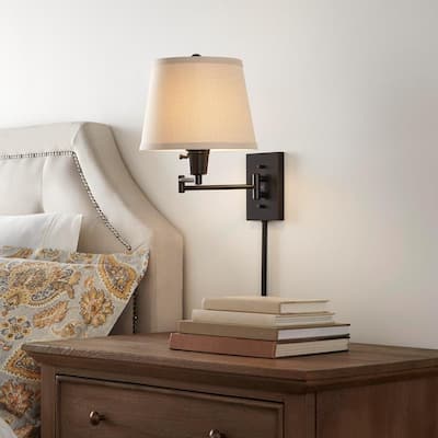Hampton Bay Ellsworth 1-Light Oil Rubbed Bronze Swing Arm Plug-In Wall Lamp with Fabric Shade HDP30115