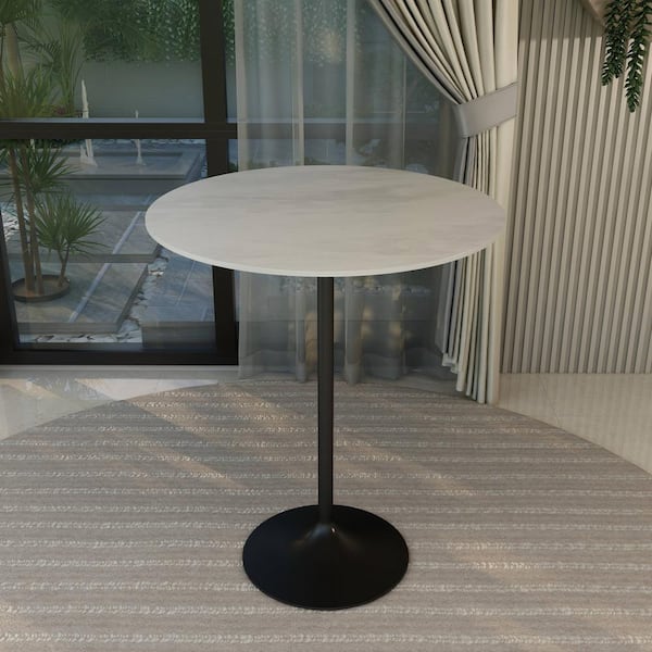 Round 36 in. Bar Height Dining Table with Sintered Stone Top and Black Steel Pedestal Base Verve Series in Marble White