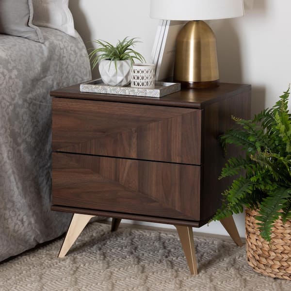 Baxton Studio Graceland Walnut Brown and Gold 2-Drawer Nightstand
