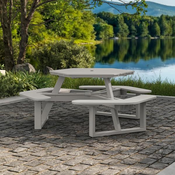 Highwood Shoreline 74 in. Cove Gray Hexagon HDPE Plastic Picnic