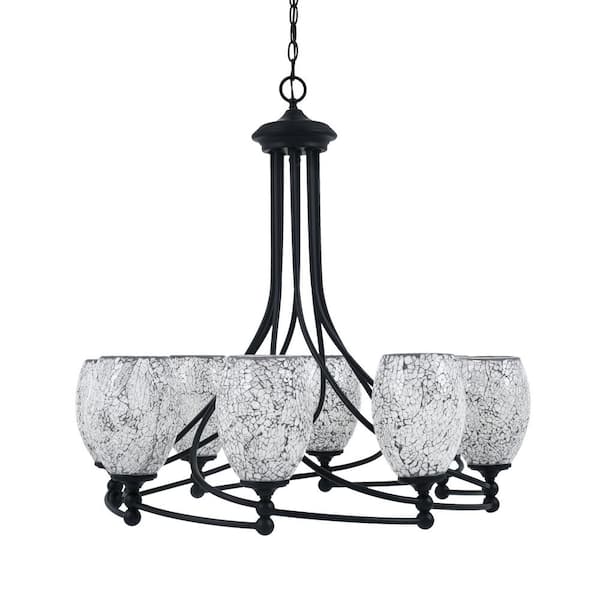 Unbranded Royale 8 Light Matte Black Chandelier, Round Chandelier with 5 in. Black Fusion Glass Shades, No Bulbs Included