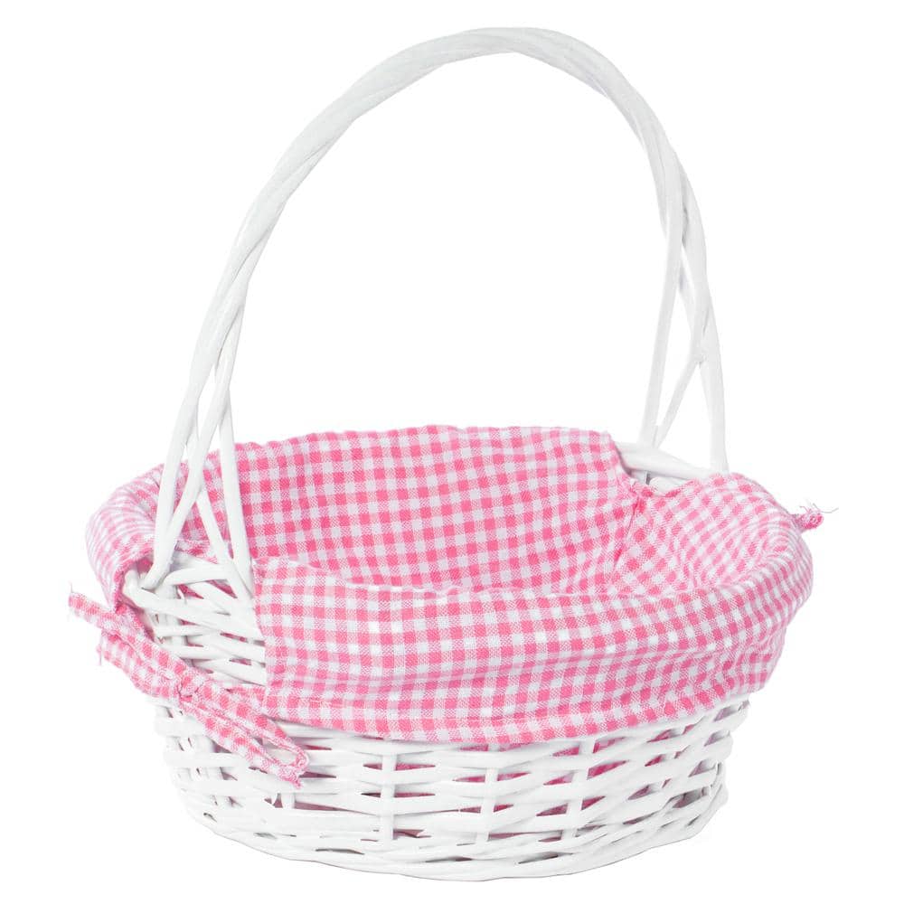 White Small Round Willow Gift Basket with Pink and White Gingham Liner and Handles