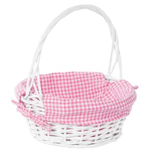 White Small Round Willow Gift Basket with Pink and White Gingham Liner and Handles