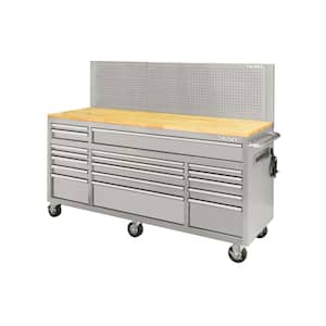72 in. W x 24 in. 18-Drawer Standard Duty Mobile Workbench Tool Chest with Solid Top and Pegboard in Stainless Steel
