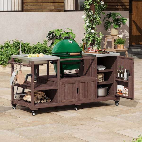 Brown Wood 75.4 in. Kitchen Island for Big Green Egg Grills with Sink, Stainless Steel Top, OutDoor Available