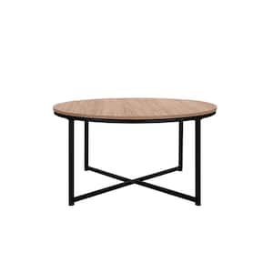 35 in. Light Brown Round Wood Coffee Table with Steel Frame