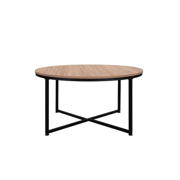 Kahomvis 35 in. Light Brown Round Wood Coffee Table with Steel Frame