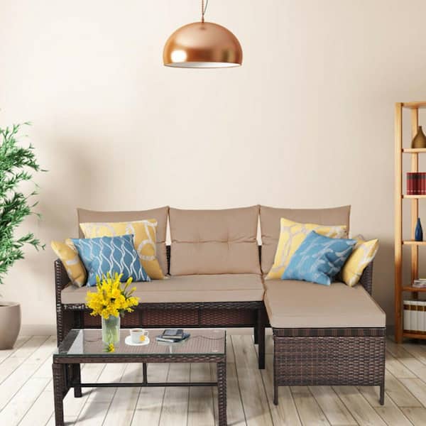 Kadehome 3-Piece Outdoor Wicker Rattan Patio Conversation Sofa Set with Brown Cushion