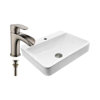 22-7/8 in. x 18-1/4 in. Rectangular Bathroom Ceramic Vessel Sink in White with Waterfall Faucet in Brushed Nickel
