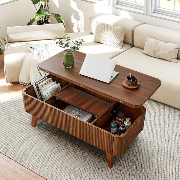 ATHMILE 42. 91 in. L Walnut Oval MDF Coffee Table With Built-in
