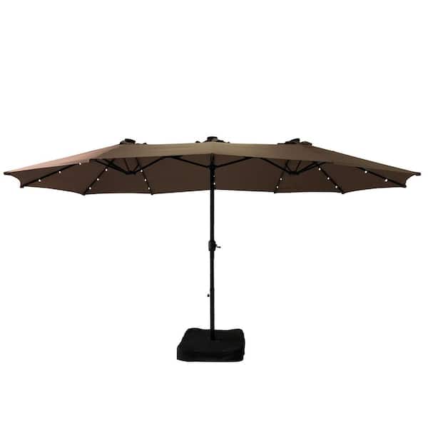 Mondawe 15 ft. Patio Market Umbrella Double-Sided Outdoor Patio Umbrella,UV Protection with Base and Solar LED Lights in Tan
