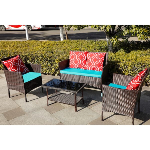 Tunearary Brown Wicker Outdoor 4-Piece Sectional Set with Sapphire Blue Cushions Checkered Pillows and Table