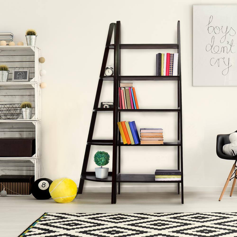 Espresso Solid Wood 5-Tier Corner Ladder Bookcase