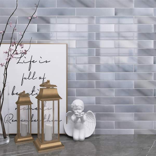 Natural Crystal Gray 1.89 in. x 7.8 in. Subway Polished Marble Wall and Floor Tile (50 pieces / 5.12 sq. ft./Case)