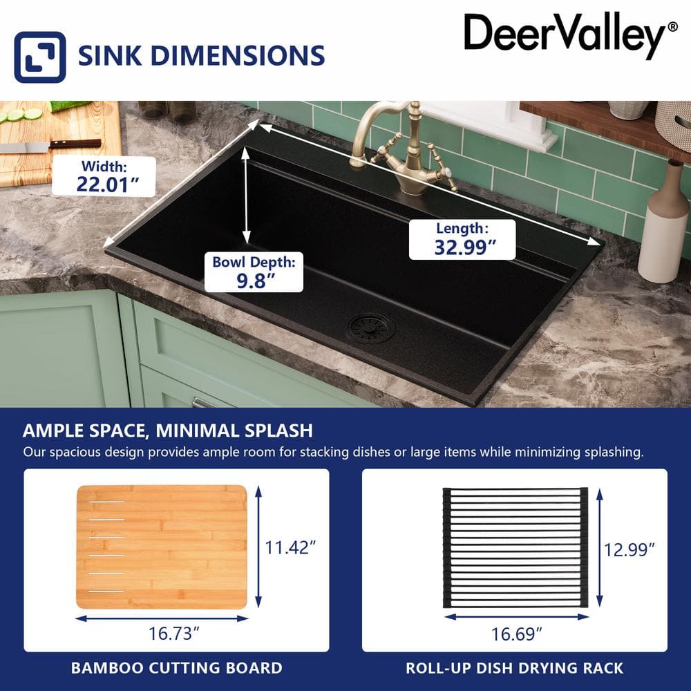 33" Black Granite Composite Drop-In Single Bowl Kitchen Sink