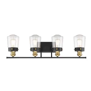 Macauley 32 in. W x 9.75 in. H 4-Light Vintage Black/Warm Brass Bathroom Vanity Light with Clear Glass Shades