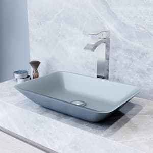 Matte Shell Sottile Glass Rectangular Vessel Bathroom Sink in Blue with Duris Faucet and Pop-up Drain in Chrome