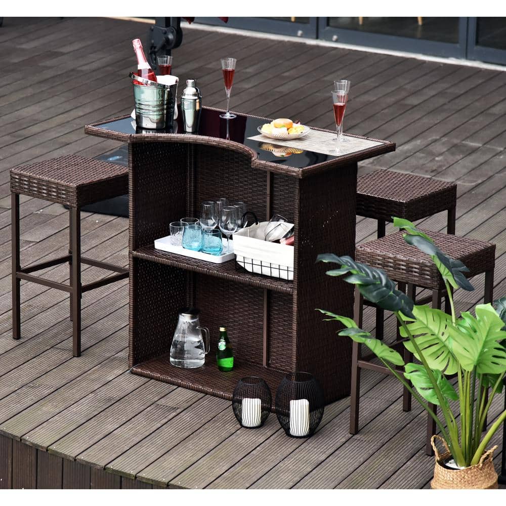 Brown Rattan Wicker Bar Set with Glass Top Table and 4 Stools