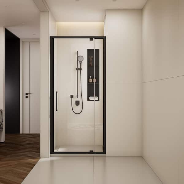 32 to 36 in. W x 76 in. H Pivot Framed Shower Door in Matte Black Finish with Clear Glass
