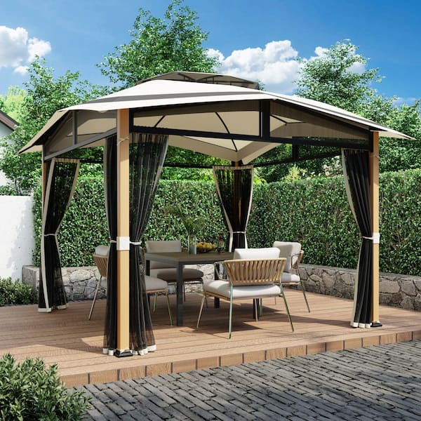 11 ft. x 11 ft. Beige Outdoor Patio Steel Frame Soft Top 2-tier Gazebo with Mosquito Netting and Canopy Top