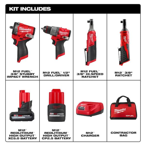 M12 FUEL 12V Lithium-Ion Cordless Drill Driver, Impact Wrench, and Ratchet Combo Kit w/Batteries, Charger, Bag, &Ratchet