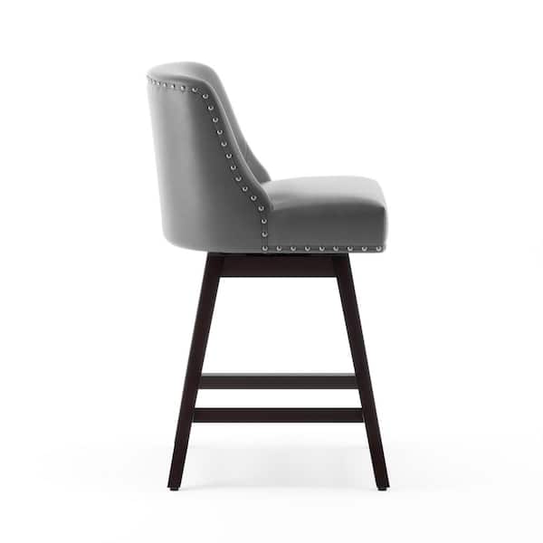 Hampton 26 in. Solid Wood Gray Swivel Bar Stools with Back Faux Leather Upholstered Counter Bar stool Set of 2