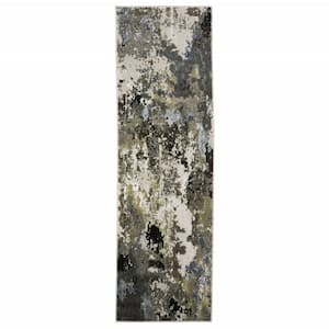 2' X 8' Grey Green Gold Blue And Beige Abstract Power Loom Stain Resistant Runner Rug