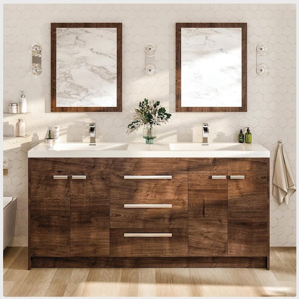 Eviva Lugano 60 in. W x 19 in. D x 36 in. H Double Bath Vanity in Rosewood with White Acrylic Top and White Integrated Sinks