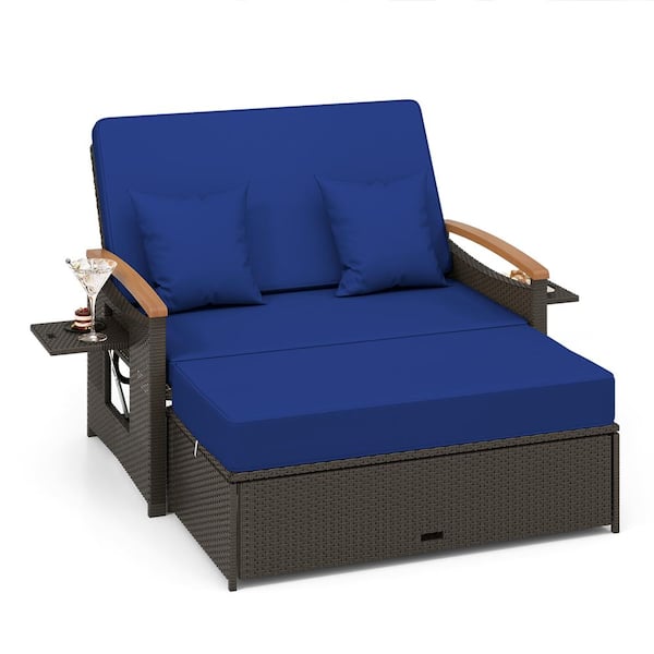 Costway 2-Piece Wicker Outdoor Day Bed Set with Cushioned Loveseat and Storage Ottoman for Porch with Navy Cushions