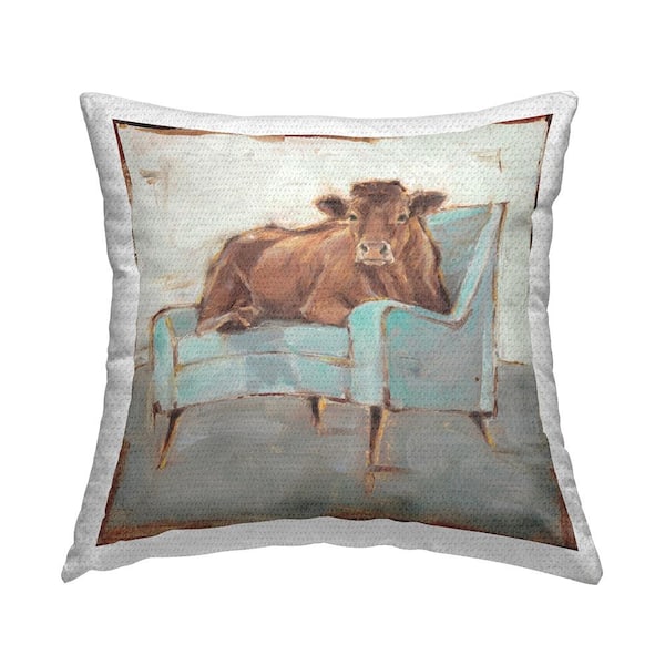 Stupell Industries Brown Cattle on a Blue Chair Funny Chic Farmhouse Multi-Color Square Outdoor Throw Pillow