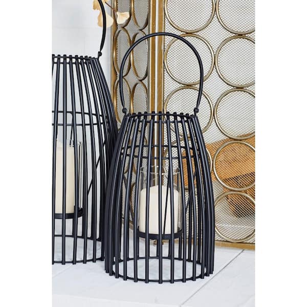 12 in. H Black Metal Decorative Candle Lantern with Handle