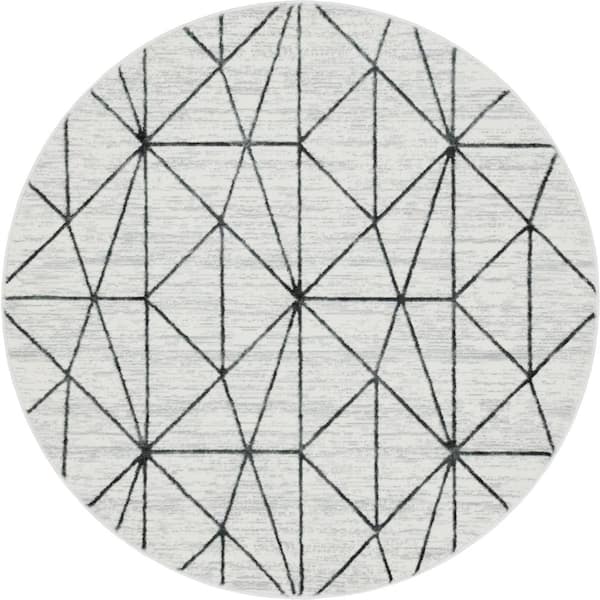Unique Loom Matrix Trellis Geometric White 3 ft. 3 in. x 3 ft. 3 in. Round Area Rug