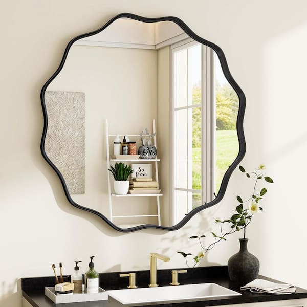 GLSLAND 30 in. W x 30 in. H Round Decorative Wave-Edge Black Metal Deep-Framed Wall Bathroom Vanity Mirror