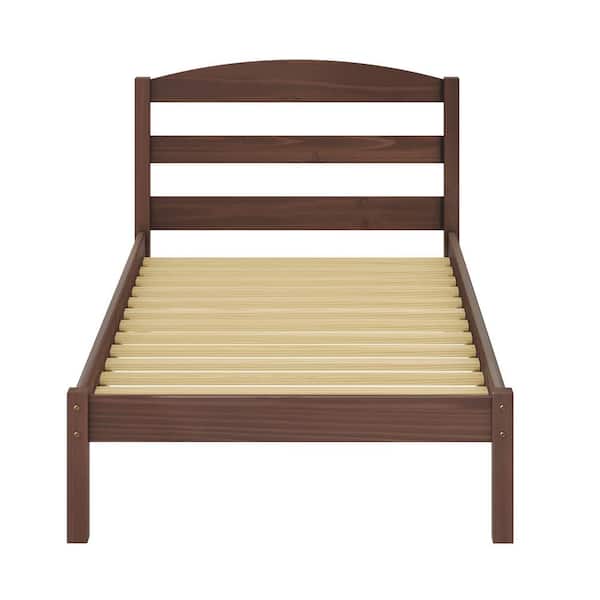 Dwell Home Inc Alexander Brown Mahogany Wood Frame, Twin Platform Bed with Headboard and Wooden Slat Support