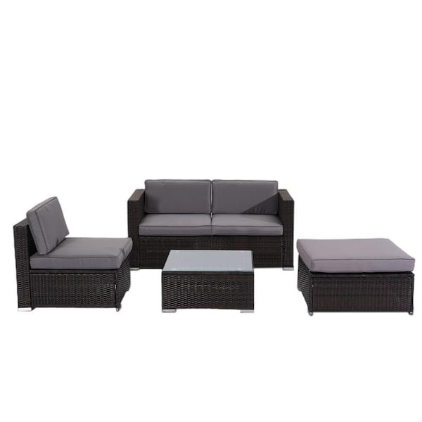 Unbranded 5-pieces PE Wicker Outdoor Sectional with Gray Cushions
