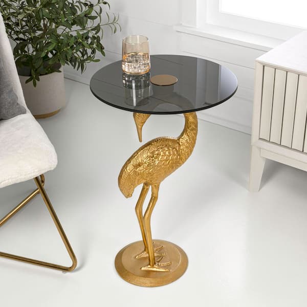 Blanche 16 in. Classic Mid-Century Round Glass Top Flamingo End Table, Gold