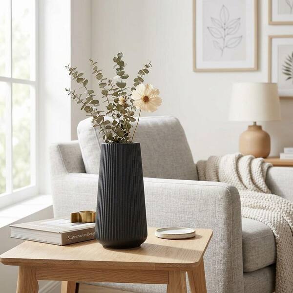 7.72 in. Cylinder Matte Black Ceramic Decorative Vase LAN1Y41