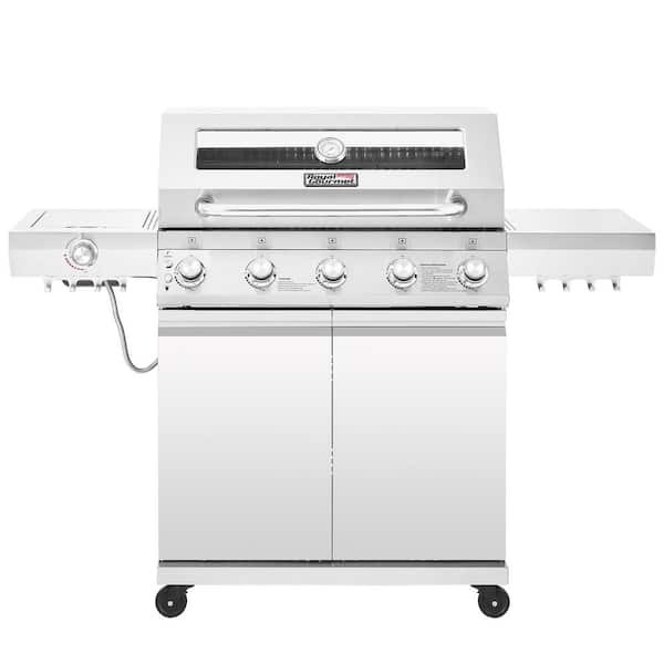 5-Burner Gas Grill With Infrared Side Burner, Visible Upper Cover, Bilateral Stainless Steel Side Shelf With Hook,Silver