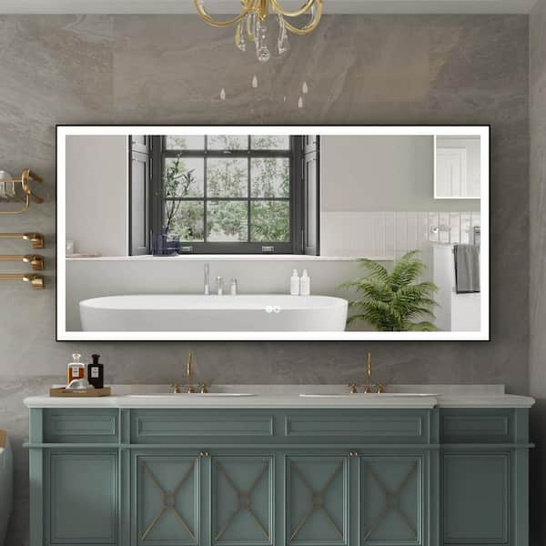 WELLFOR RECA 72 in W x 36 in. H Rectangular Single Aluminum Framed Anti-Fog LED Light Wall Bathroom Vanity Mirror in Matte Black